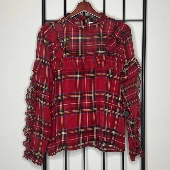 Mudpie Tartan Plaid Sheer Ruffle Chiffon Blouse Sz M - Picture 12 of 12